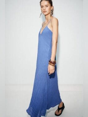 Zara Sleeveless V-Neck Maxi Dress Flowy Oversized Linen in Cobalt Blue